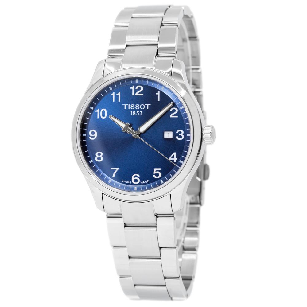 Tissot T Sport Chrono XL watch at angle showing blue dial and steel bracelet