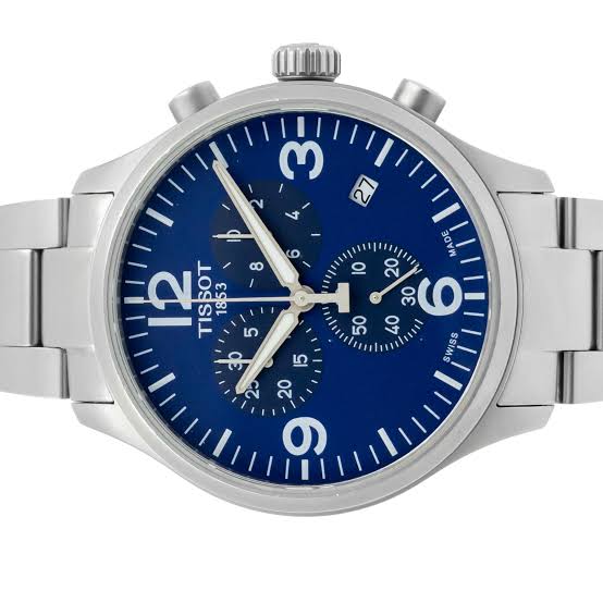 Close-up of Tissot T Sport Chrono XL blue dial with chronograph subdials and date window