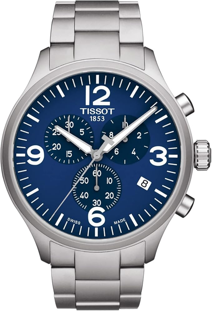 Tissot T Sport Chrono XL chronograph watch with blue dial and silver steel bracelet