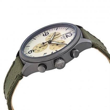 Tissot T Sport Chrono XL side angle view showing dark gray case and chronograph subdials