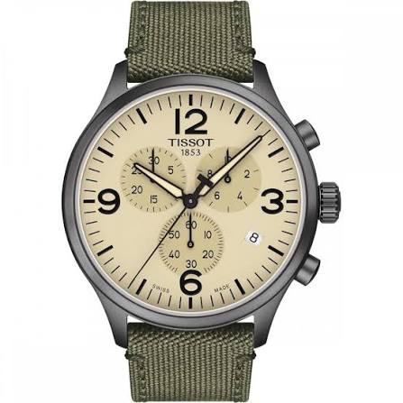 Tissot T Sport Chrono XL watch with beige dial and khaki green nylon strap