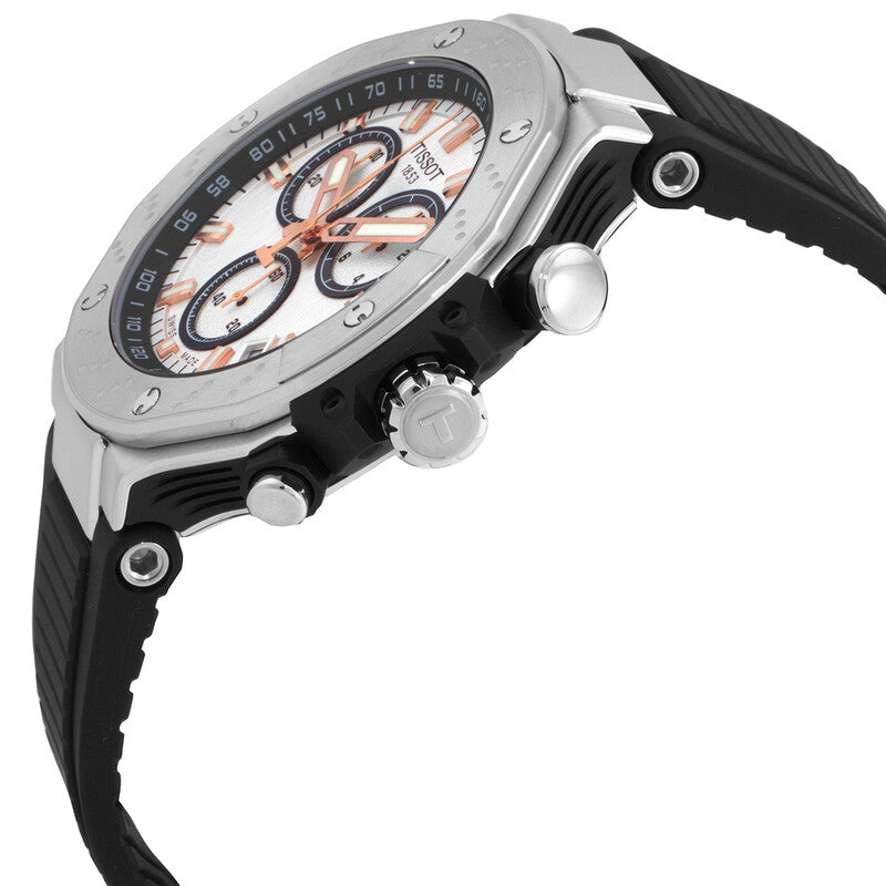Tissot T-Race chronograph side angle view showing stainless steel case with pushers and black silicone strap