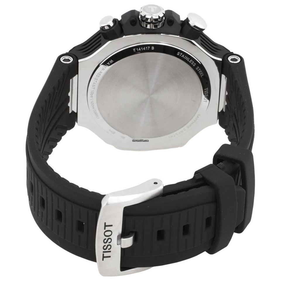 Tissot T-Race chronograph caseback showing engraved stainless steel with model number and silicone strap