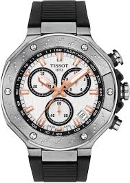 Tissot T-Race chronograph white dial with rose gold accents, stainless steel case, and black silicone strap