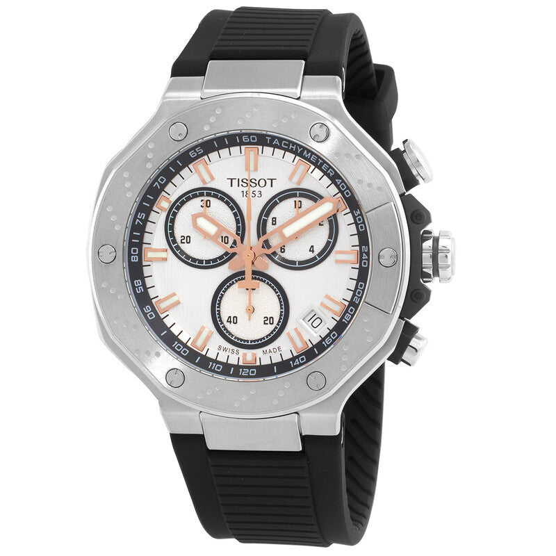 Tissot T-Race chronograph white dial with rose gold hands and three subdials, stainless steel case, black silicone strap