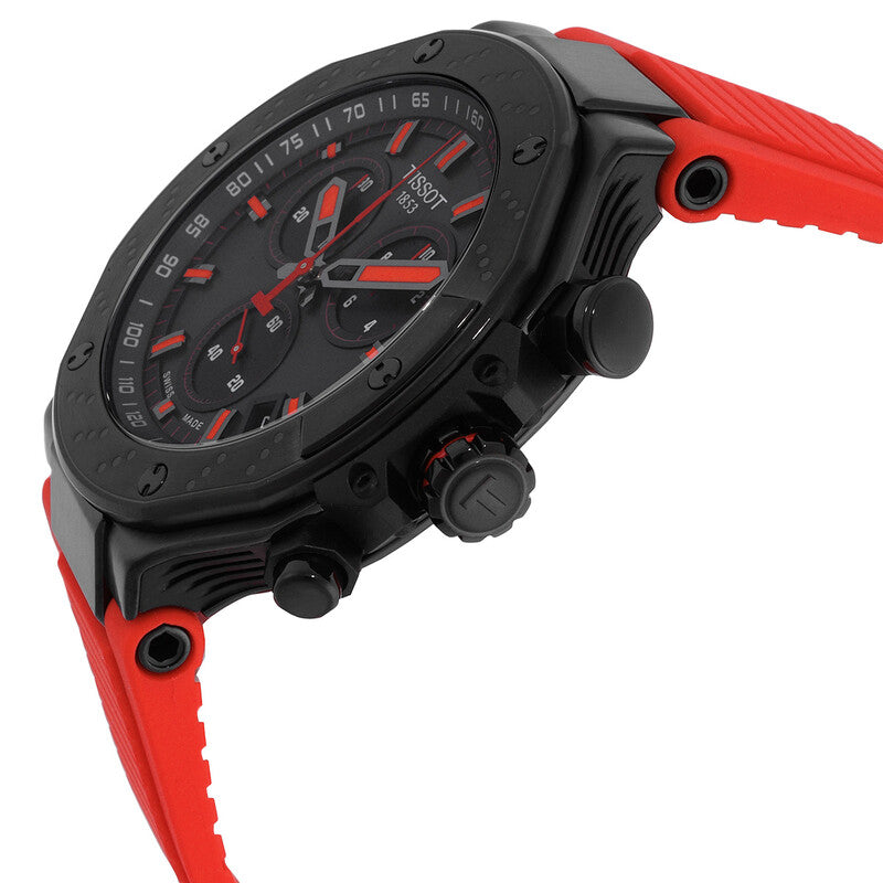 Side angle view of Tissot T-Race chronograph featuring black case and red rubber strap