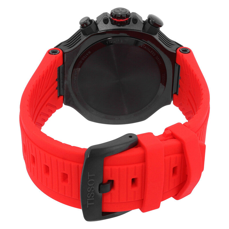 Back view of Tissot T-Race chronograph showing red rubber strap and caseback