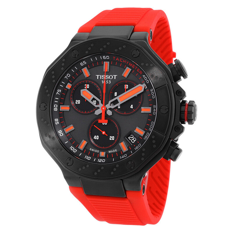 Tissot T-Race chronograph men's watch with black dial, orange accents, and red rubber strap