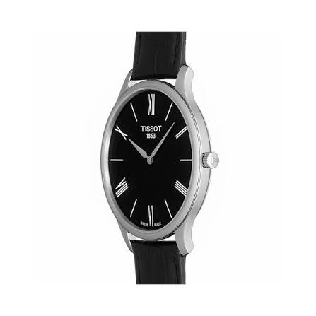 Tissot Tradition 39mm black dial watch with Roman numerals at three-quarter angle