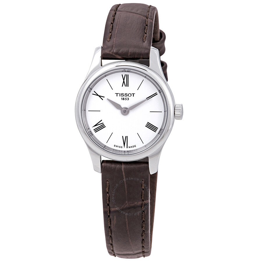 Tissot Tradition 5.5 women's watch with white dial, Roman numerals, stainless steel case and brown leather strap