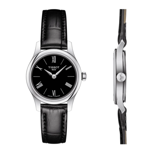 Tissot Tradition 5.5 front and side views showing stainless steel case and leather strap
