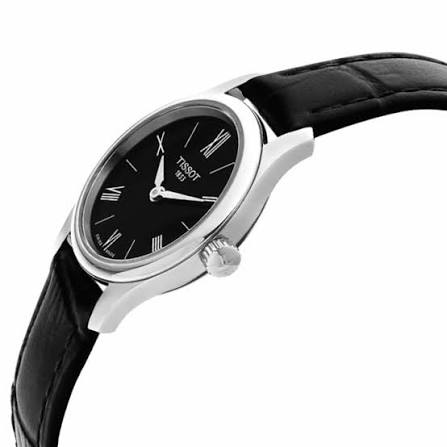 Tissot Tradition 5.5 women's watch on wrist with black leather strap