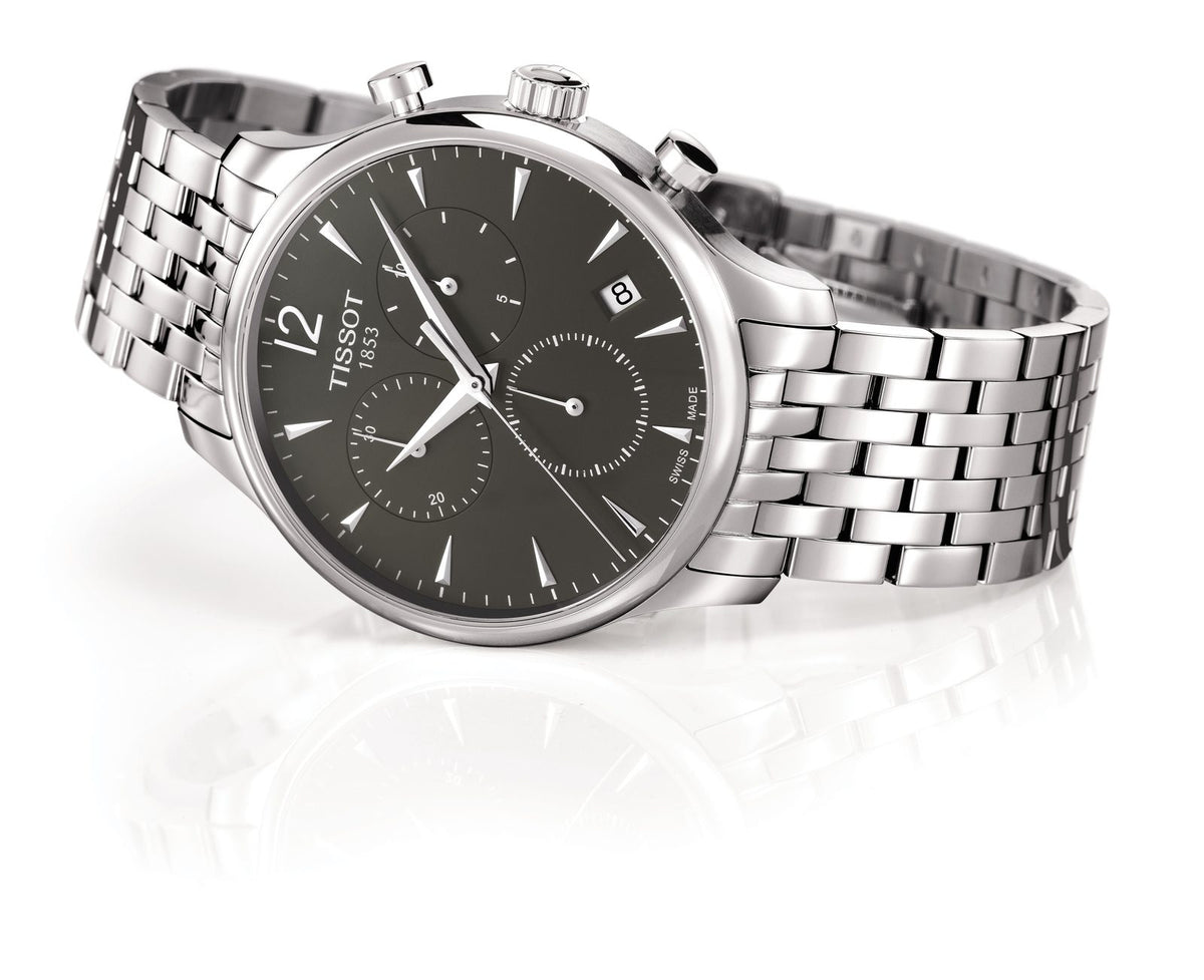 Tissot Tradition Chronograph three-quarter view showing case and steel bracelet