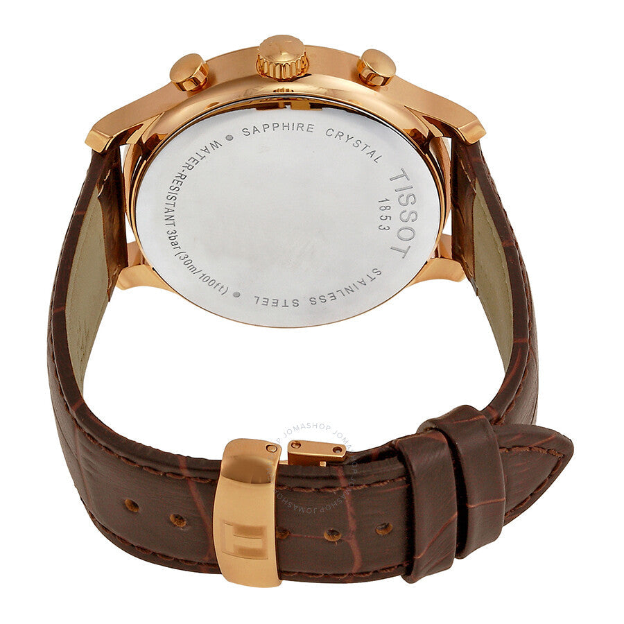 Tissot Tradition Classic Chronograph caseback with sapphire crystal and engraved text on rose gold case