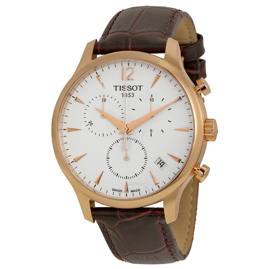 Tissot Tradition Classic Chronograph men's watch with rose gold case, white dial, and brown leather strap
