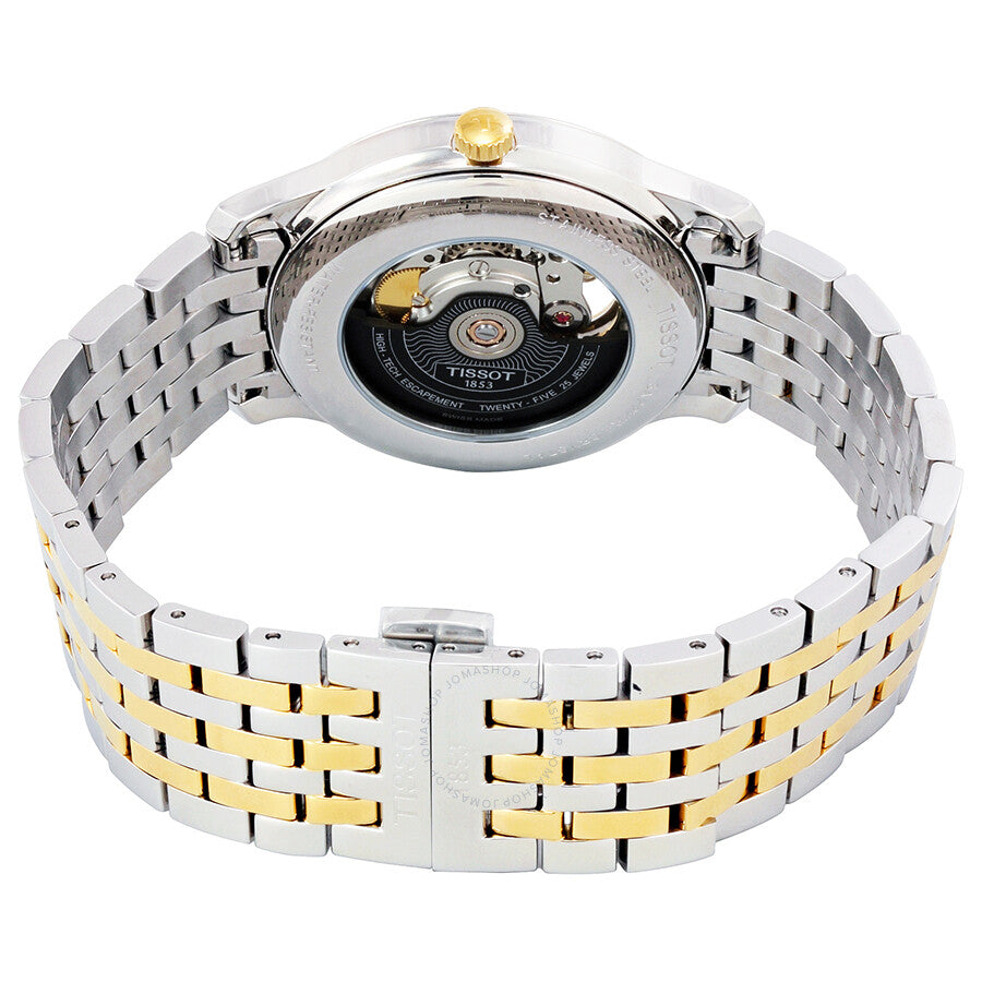 Caseback view of Tissot Tradition Powermatic 80 showing automatic movement and two-tone bracelet