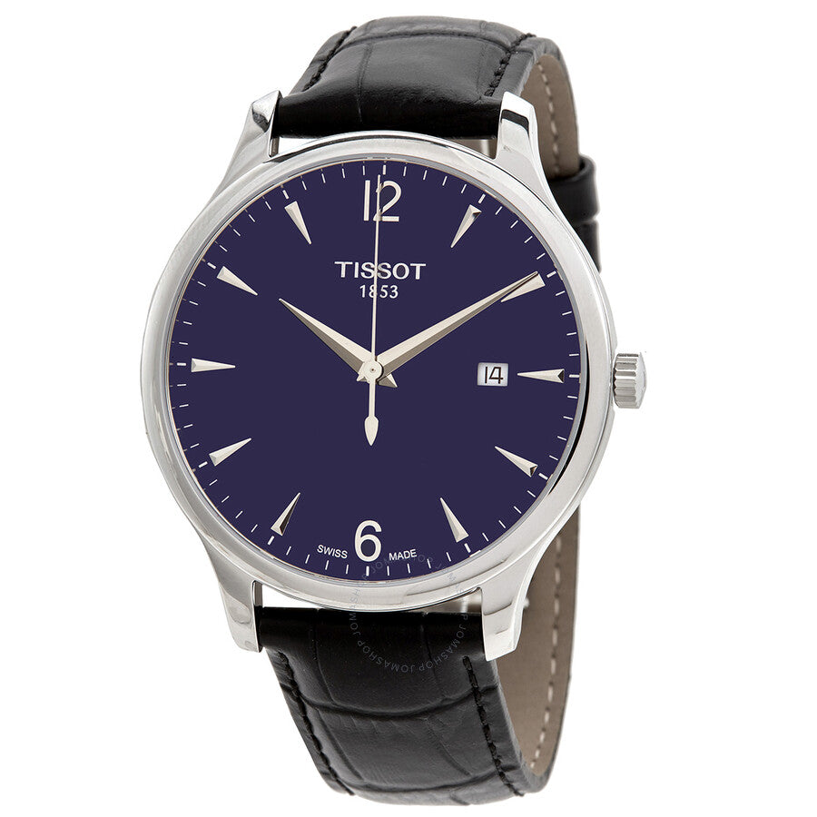 Tissot Tradition blue dial quartz watch with stainless steel case and black leather strap