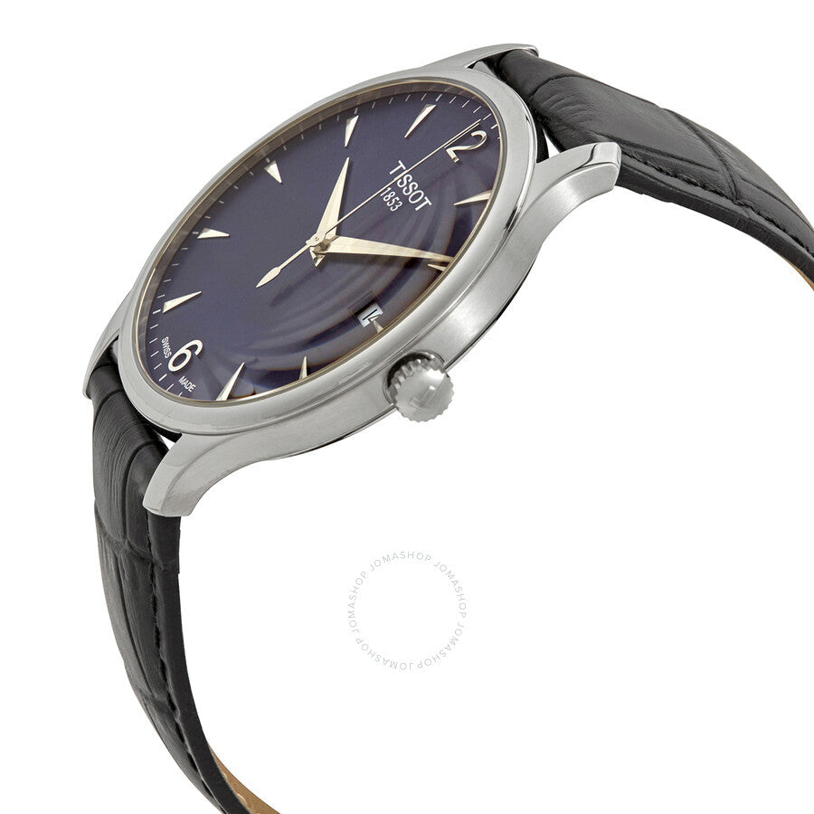 Angled side view of Tissot Tradition blue dial watch with crown and black crocodile strap