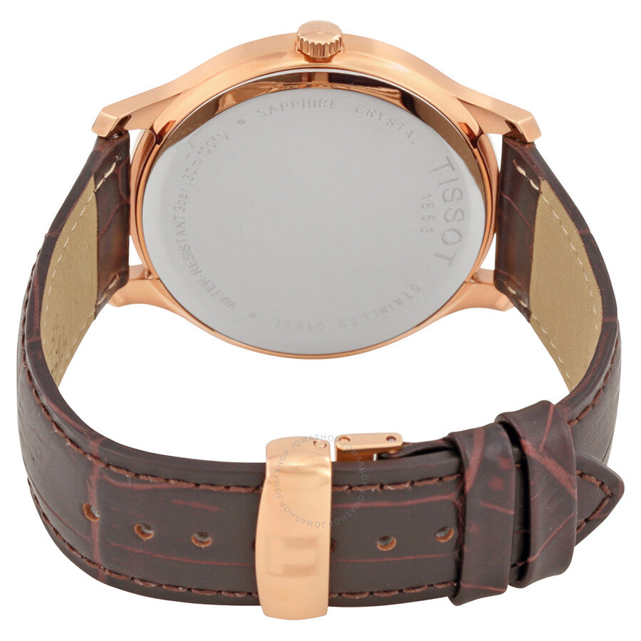 Tissot Tradition caseback showing rose gold PVD case and brown leather strap attachment