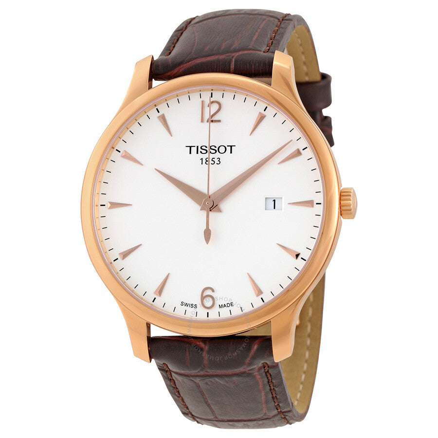 Tissot Tradition rose gold PVD men's watch with white dial and brown leather strap