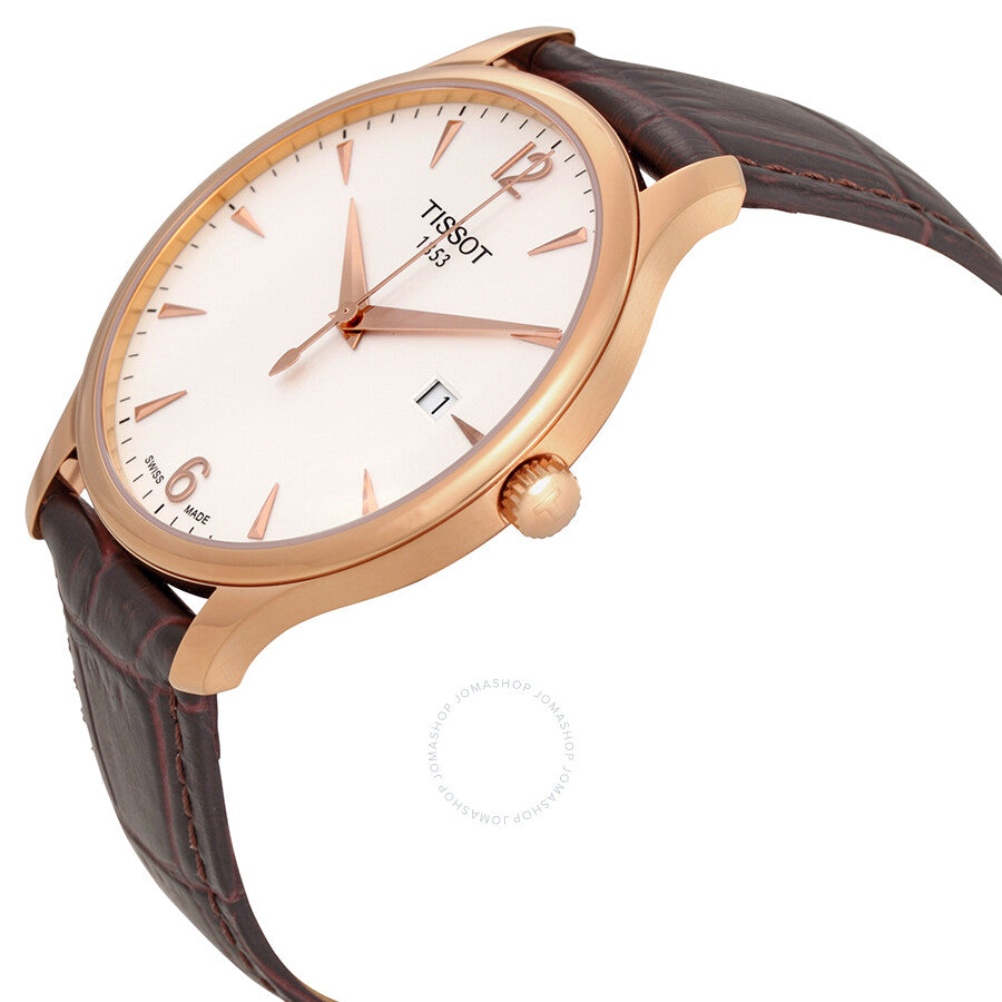 Tissot Tradition rose gold case at angle showing profile and Arabic numeral markers