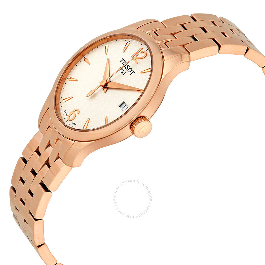 Tissot Tradition T-Classic watch angled view showing rose gold case, white dial, and bracelet