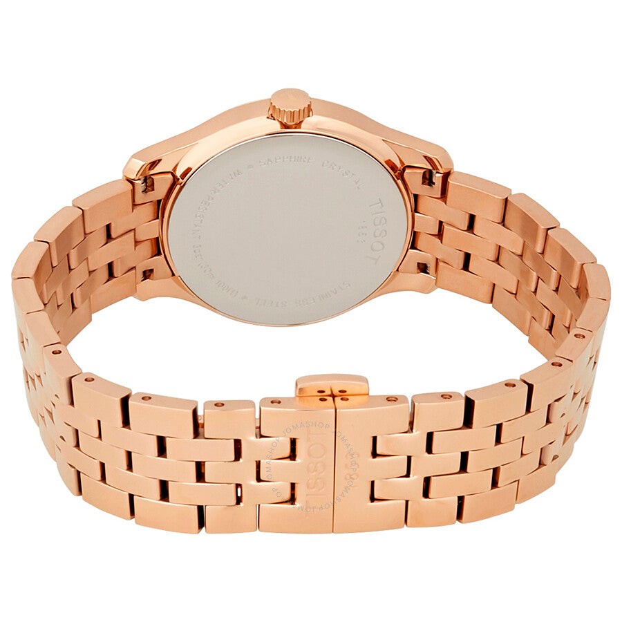 Tissot Tradition T-Classic caseback view showing rose gold case and bracelet assembly