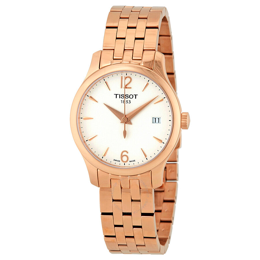 Tissot Tradition T-Classic white dial ladies watch with rose gold case and bracelet