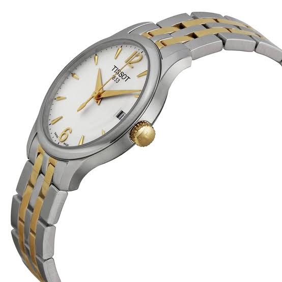 Tissot Tradition two-tone women's watch at angle with mixed metal bracelet