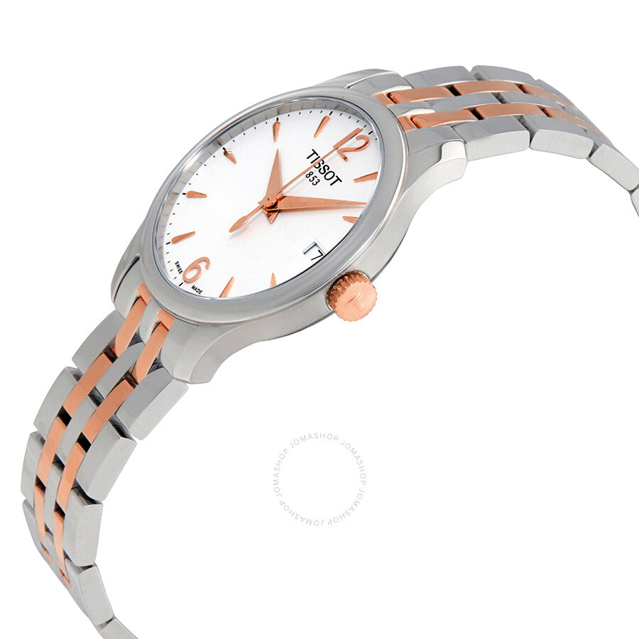 Tissot Tradition ladies watch angled view showing white dial and two-tone bracelet