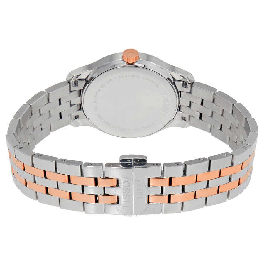 Tissot Tradition caseback view of two-tone stainless steel and rose gold bracelet
