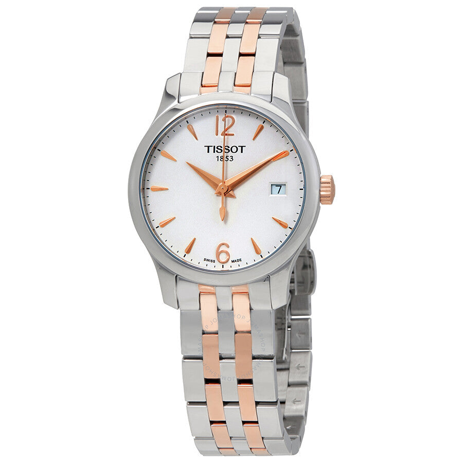 Tissot Tradition white dial ladies watch with two-tone steel and rose gold bracelet