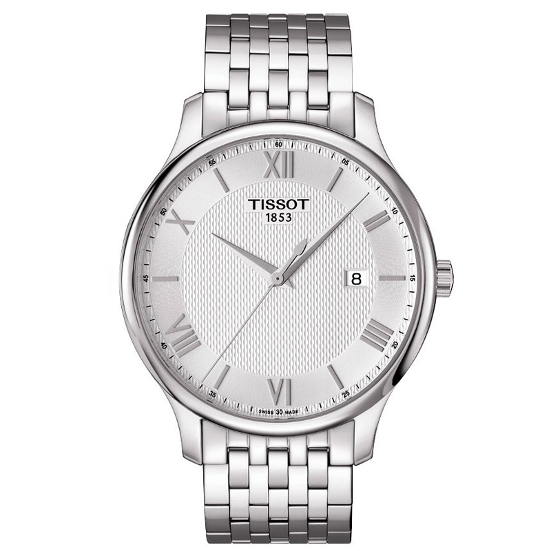 Tissot Tradition men's watch with silver dial, Roman numerals, stainless steel bracelet, and date window