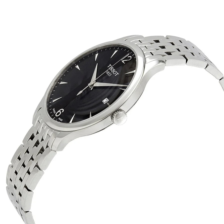 Tissot Tradition watch at angle showing black dial and stainless steel bracelet