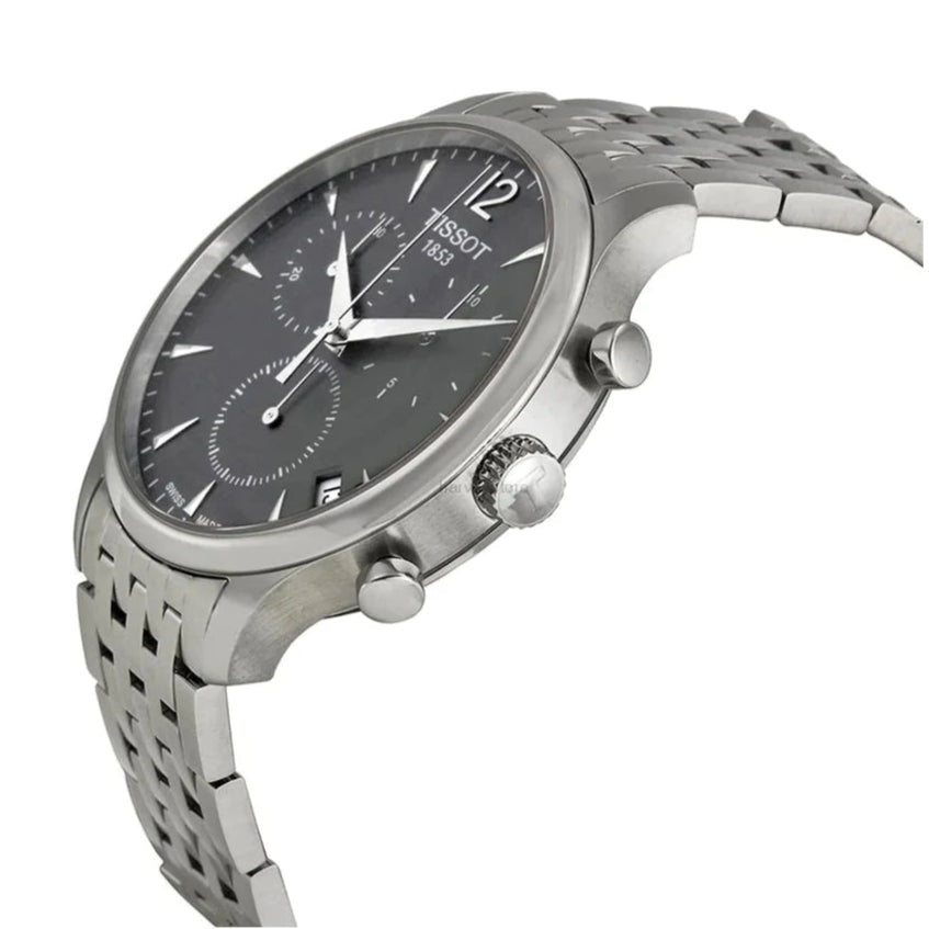 Tissot Tradition chronograph 42mm watch angled side view showing steel case and bracelet
