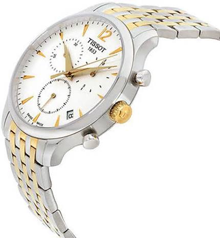 Tissot Tradition chronograph angled view showing white dial and two-tone strap