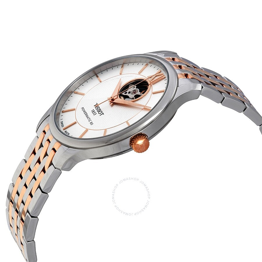 Tissot Tradition watch at angle showing two-tone bracelet and silver dial