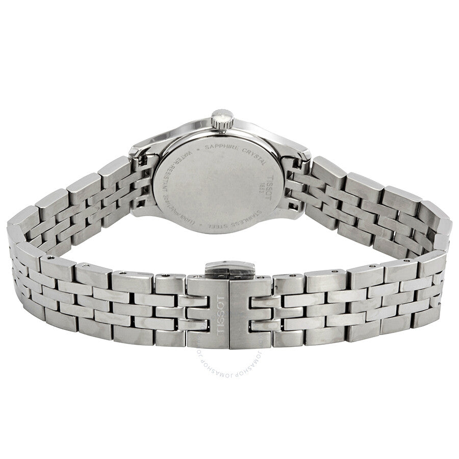 Caseback view of Tissot Tradition ladies watch displaying stainless steel case and bracelet