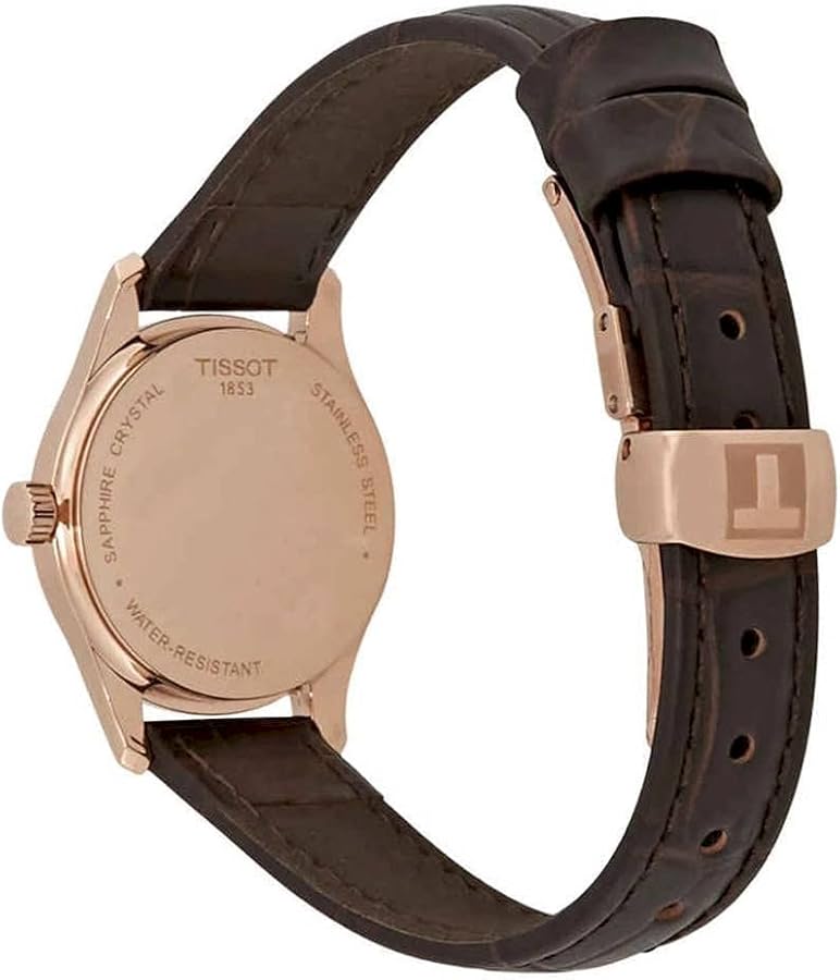 Back view of Tissot Tradition watch showing case back and brown crocodile leather strap
