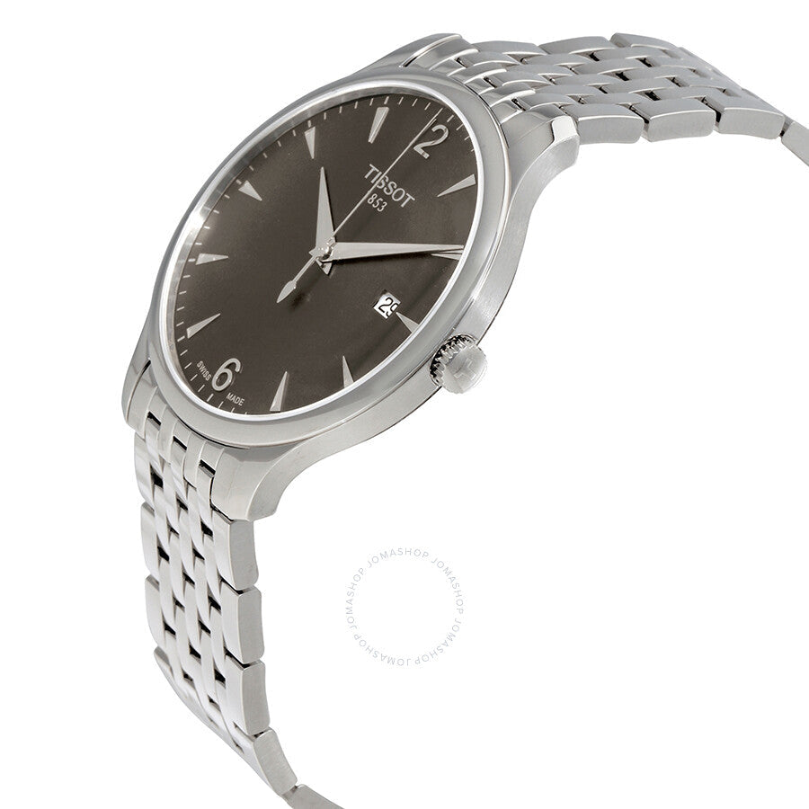 Tissot Tradition watch shown at angle with anthracite dial and steel bracelet