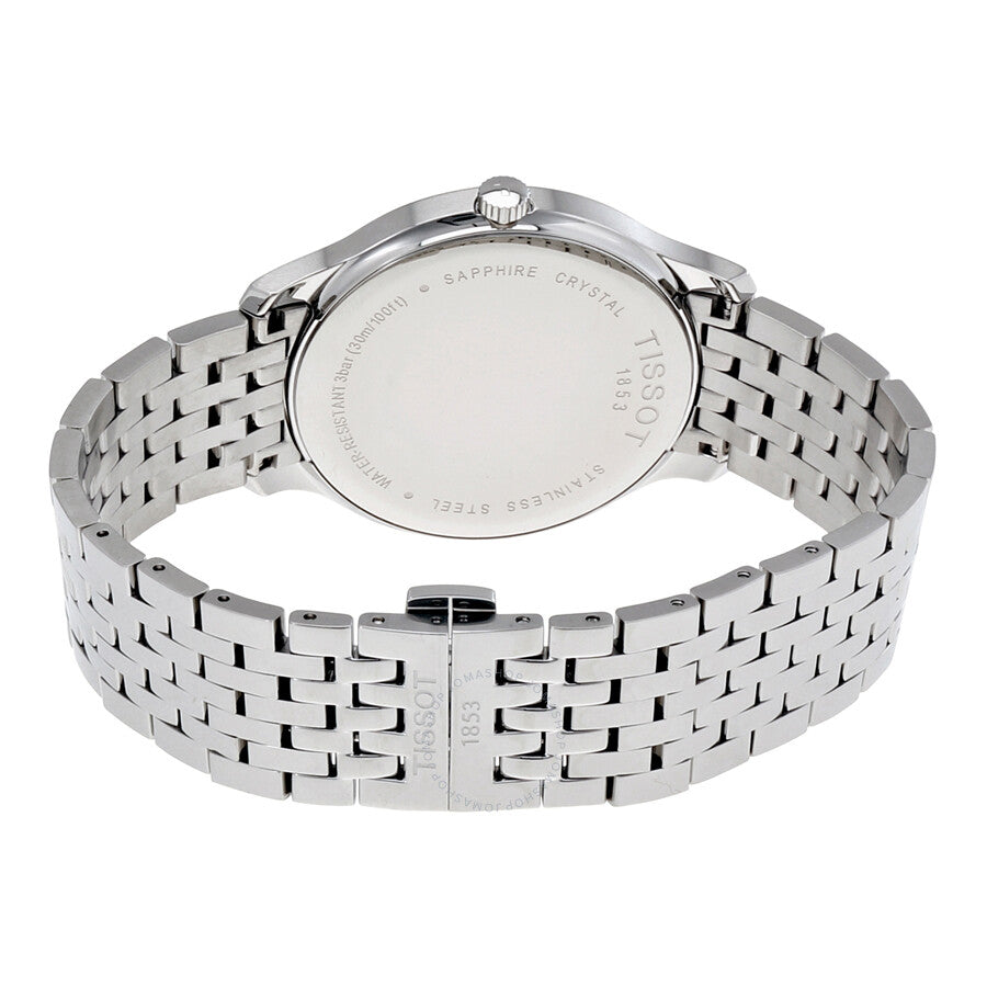Tissot Tradition watch caseback showing sapphire crystal and stainless steel band