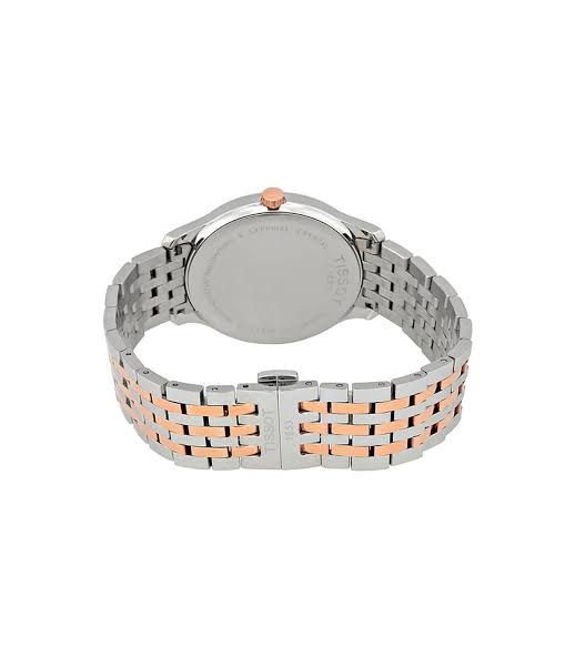 Tissot Tradition watch caseback showing two-tone stainless steel and rose gold band