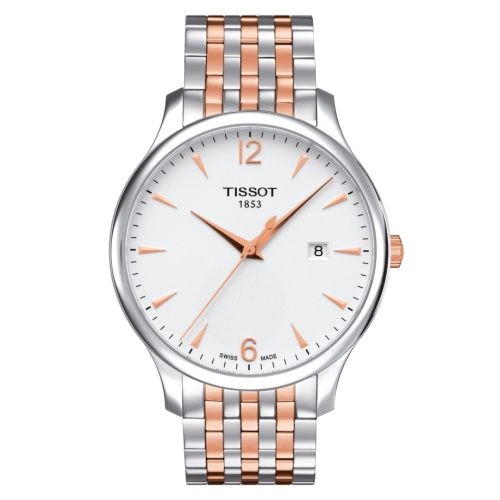 Tissot Tradition silver dial rose gold men's watch with two-tone bracelet, front view