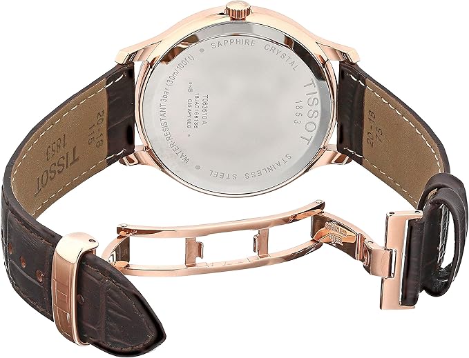 Tissot Tradition watch caseback showing sapphire crystal and rose gold back