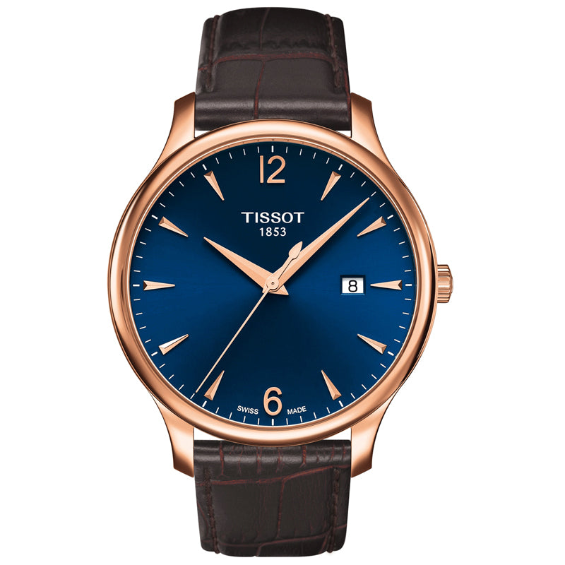 Tissot Tradition men's watch with blue dial, rose gold case, and brown leather strap