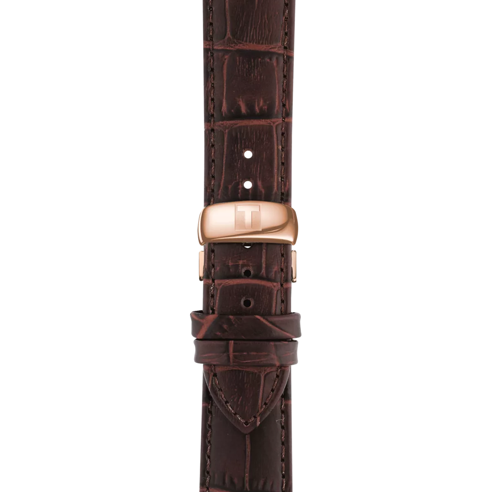 Tissot Tradition brown leather strap with rose gold fold-over clasp detail