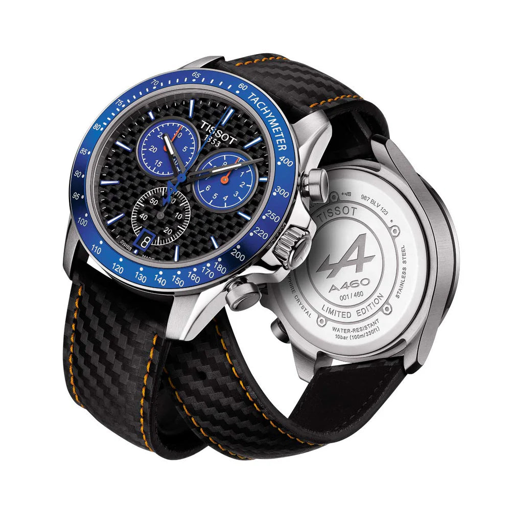 Tissot V8 Alpine Carbon chronograph watch with caseback visible, showing stainless steel case and engraved exhibition back