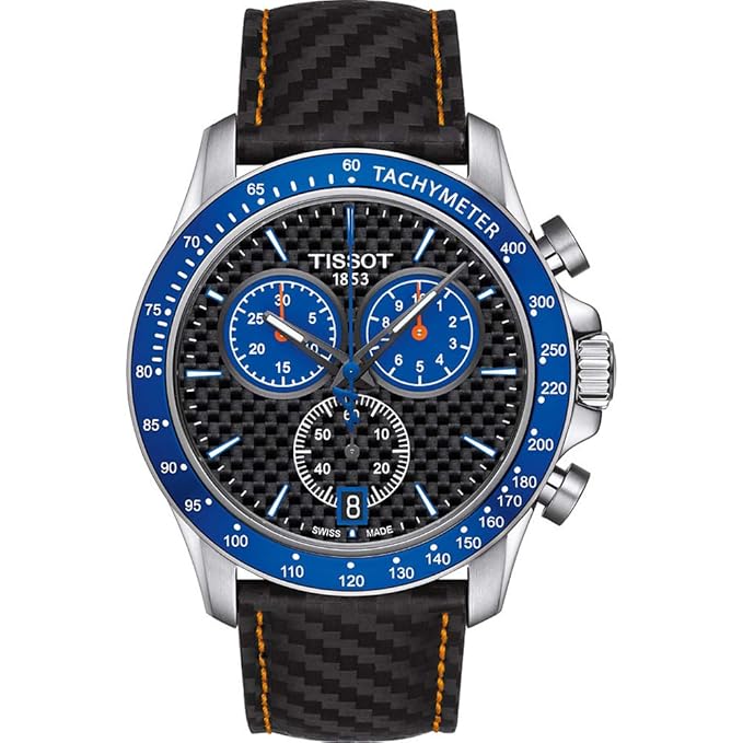 Tissot V8 Alpine Carbon chronograph watch with black dial, blue tachymeter bezel, and black leather strap