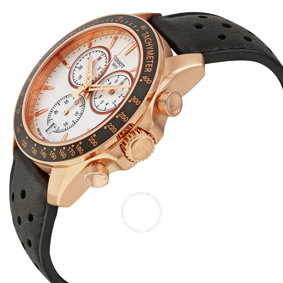 Tissot V8 chronograph watch side angle showing rose gold case and black leather strap