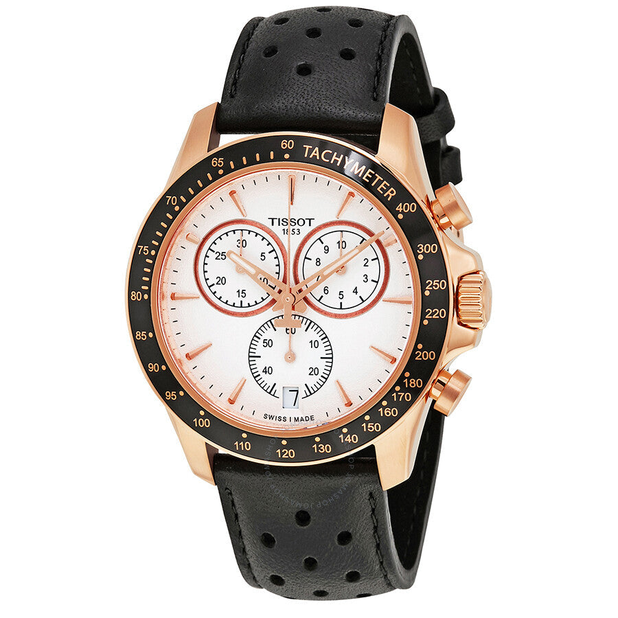 Tissot V8 chronograph watch with silver dial and rose gold case